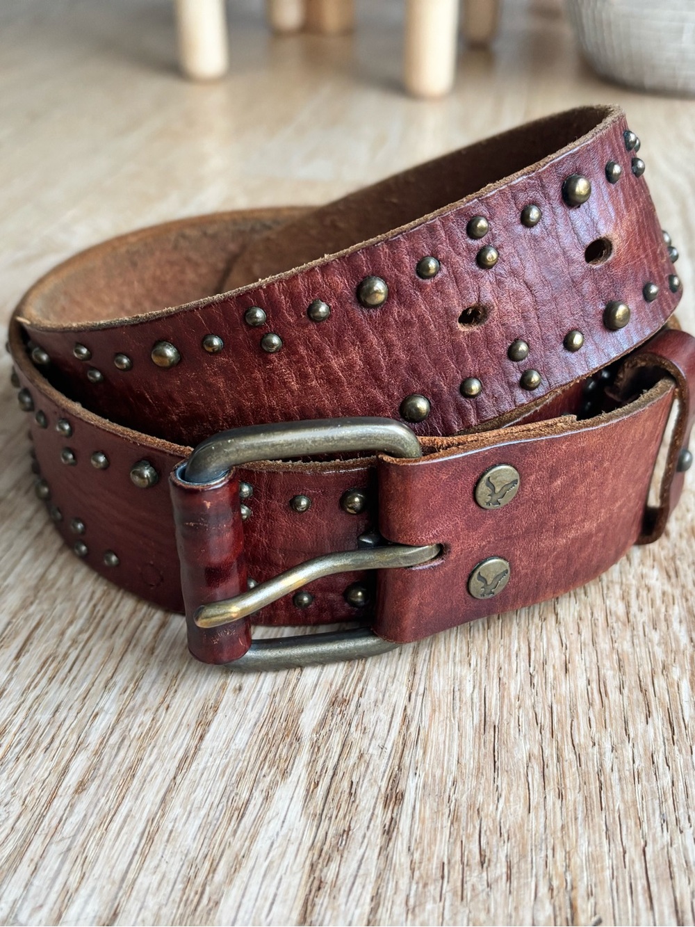 VTG American Eagle Brown Studded Leather Belt Y2K Boho Western 43" L